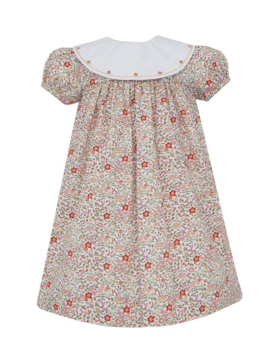 Claire & Charlie Girls Orange Liberty Print Short Sleeve Float Dress with Embroidered Round Collar