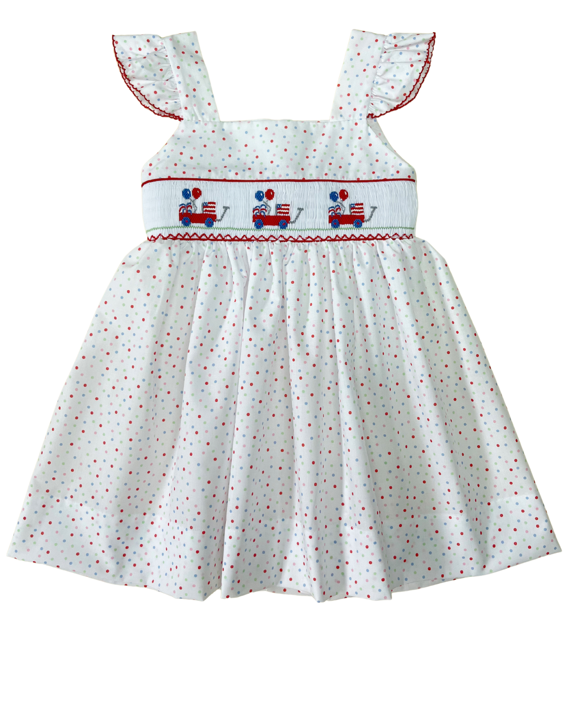 LuLu BeBe Girls Jackie Sun Dress - Patriotic Dots Smocked Wagons with Flags & Balloons