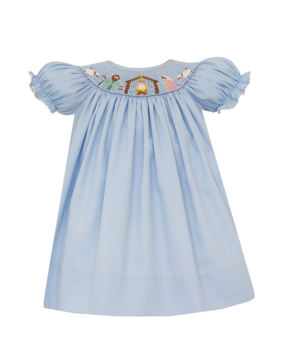 Petit Bebe Girls Blue Pique Nativity Scene Short Sleeve Bishop Dress