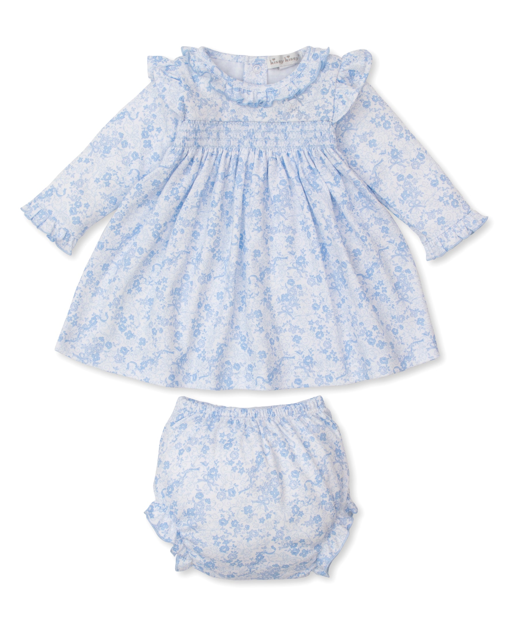 Kissy Kissy Baby Girls Blue Floral Old English Roses Smocked Dress Set 9M