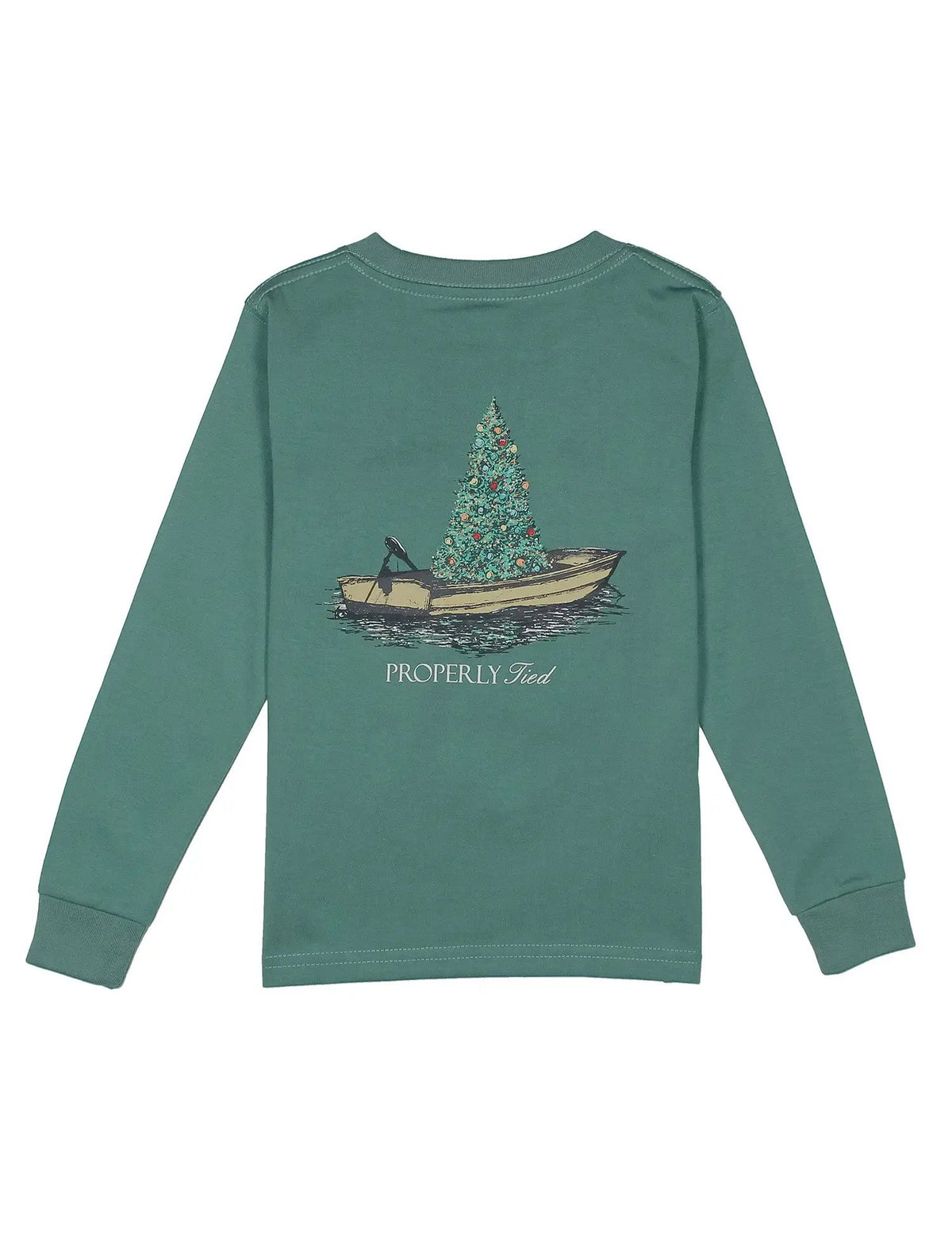 Properly Tied Boys Tee Shirt - Jolly Christmas Tree Boat on Marine Green by Properly Tied