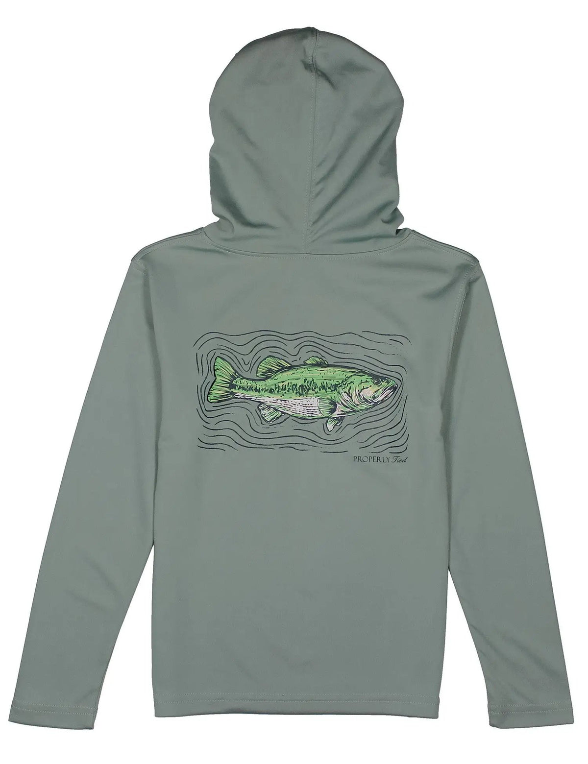Properly Tied Boys Shade Performance Hoodie - Spotted Bass Fish on Fog Green by Properly Tied