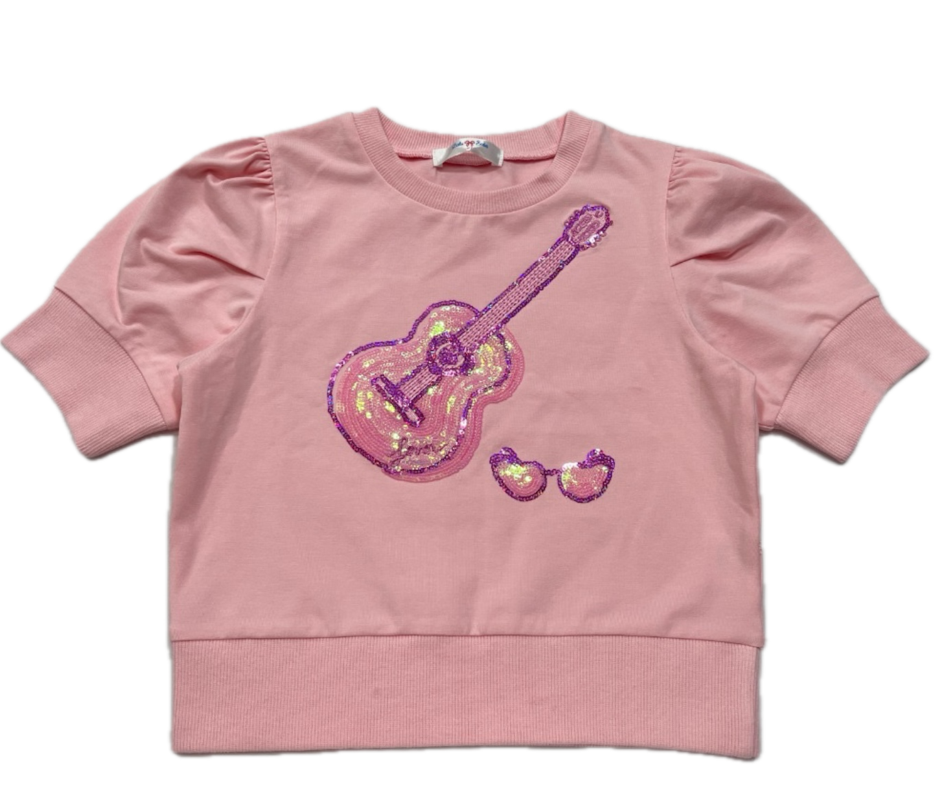 LuLu BeBe Girls Pink Puff Sleeve Sweatshirt Top - Sequins Guitar