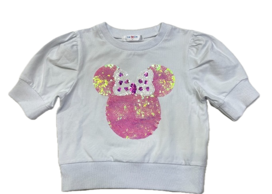 LuLu BeBe Girls White Puff Sleeve Sweatshirt Top - Pink Sequins Minnie Mouse