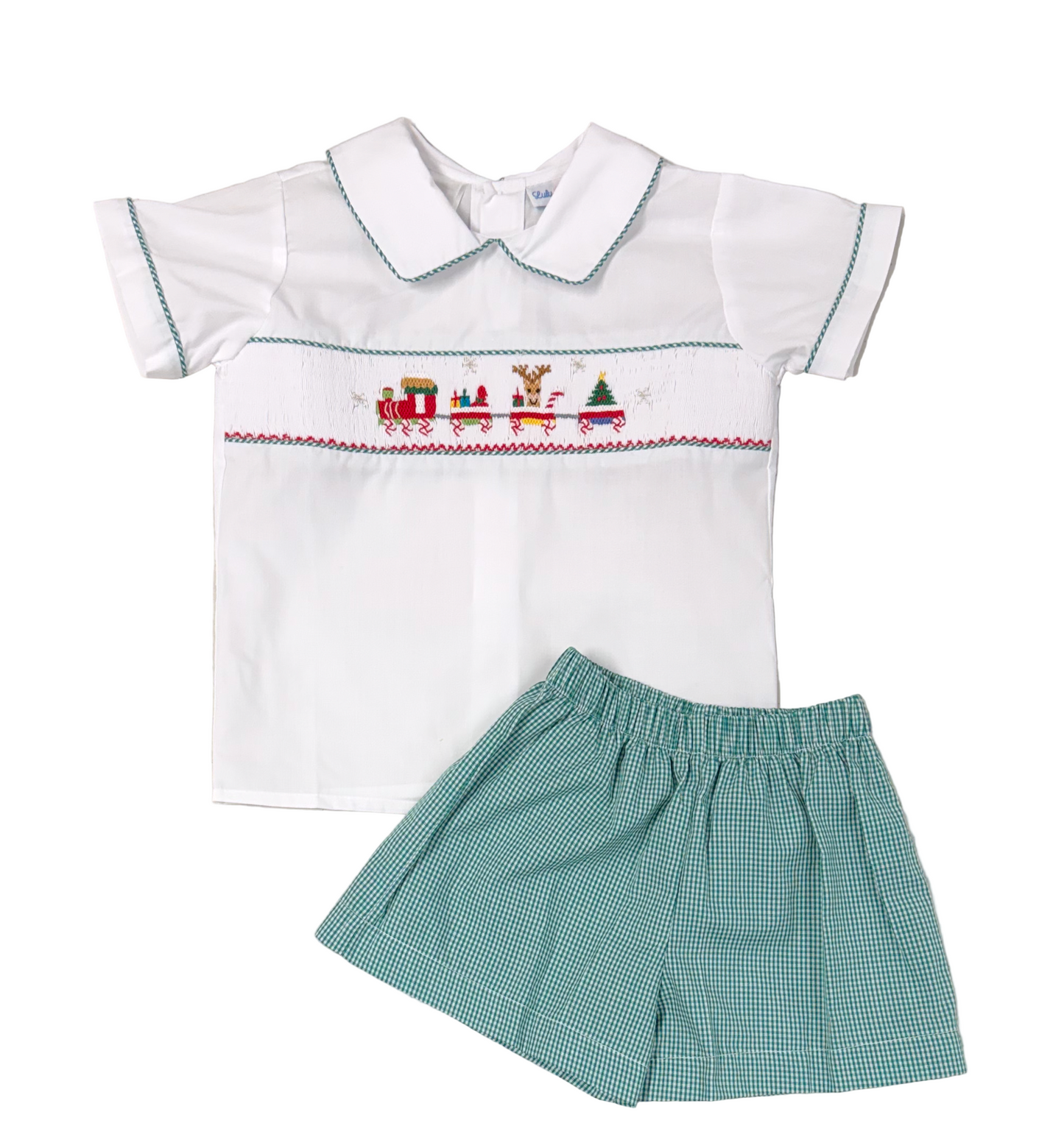 LuLu BeBe Boys Green Check Shorts with Smocked Christmas Train Shirt by LuLu BeBe