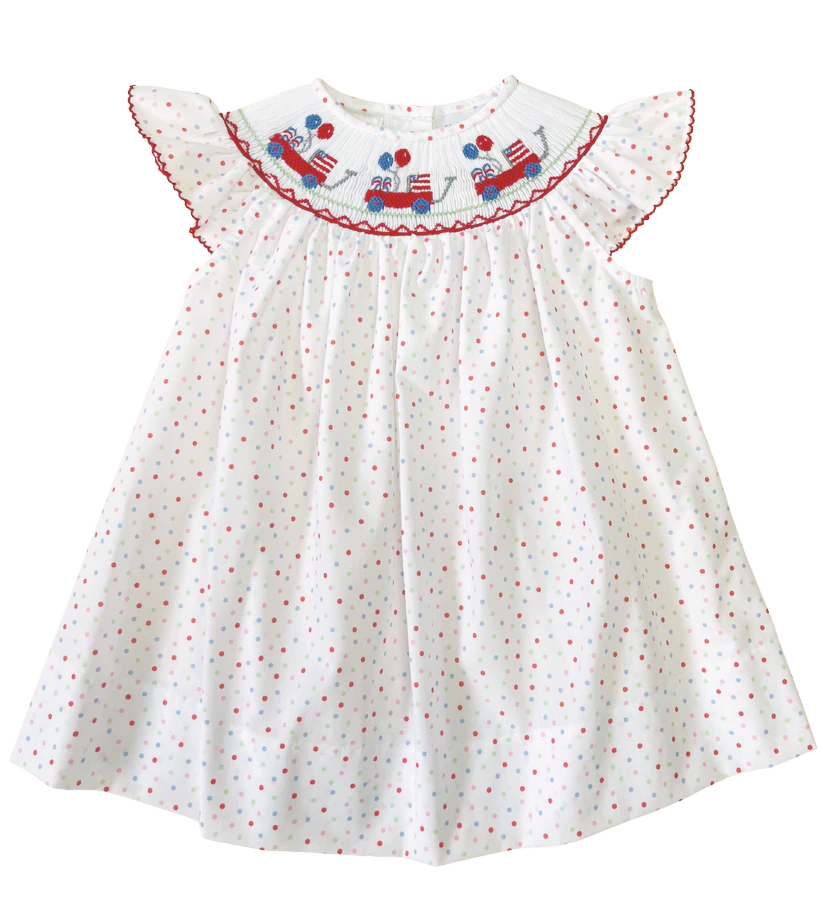 LuLu BeBe Girls Emma Bishop Dress - Patriotic Dots Smocked Wagons with Flags & Balloons
