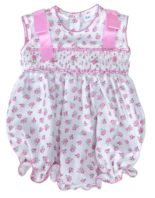 LuLu BeBe Baby Girls Rose Floral Smocked Bubble - Bows on Shoulders - Pink