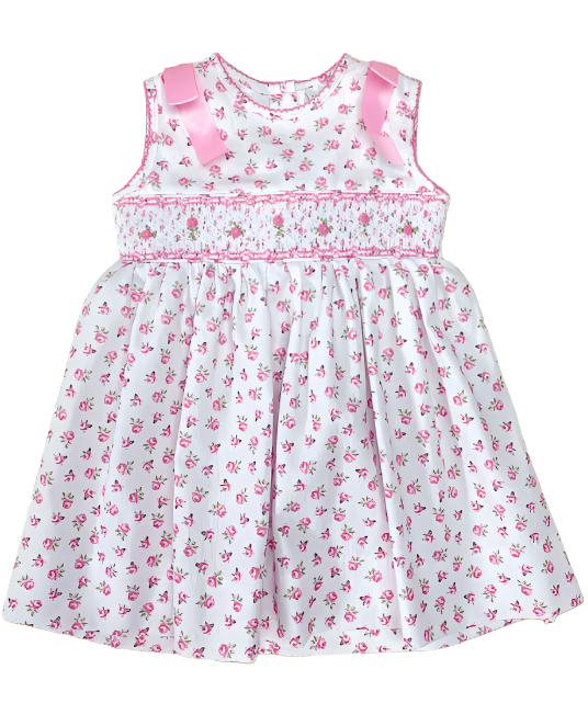LuLu BeBe Girls Sleeveless Rose Floral Smocked Dress - Bows on Shoulders - Pink