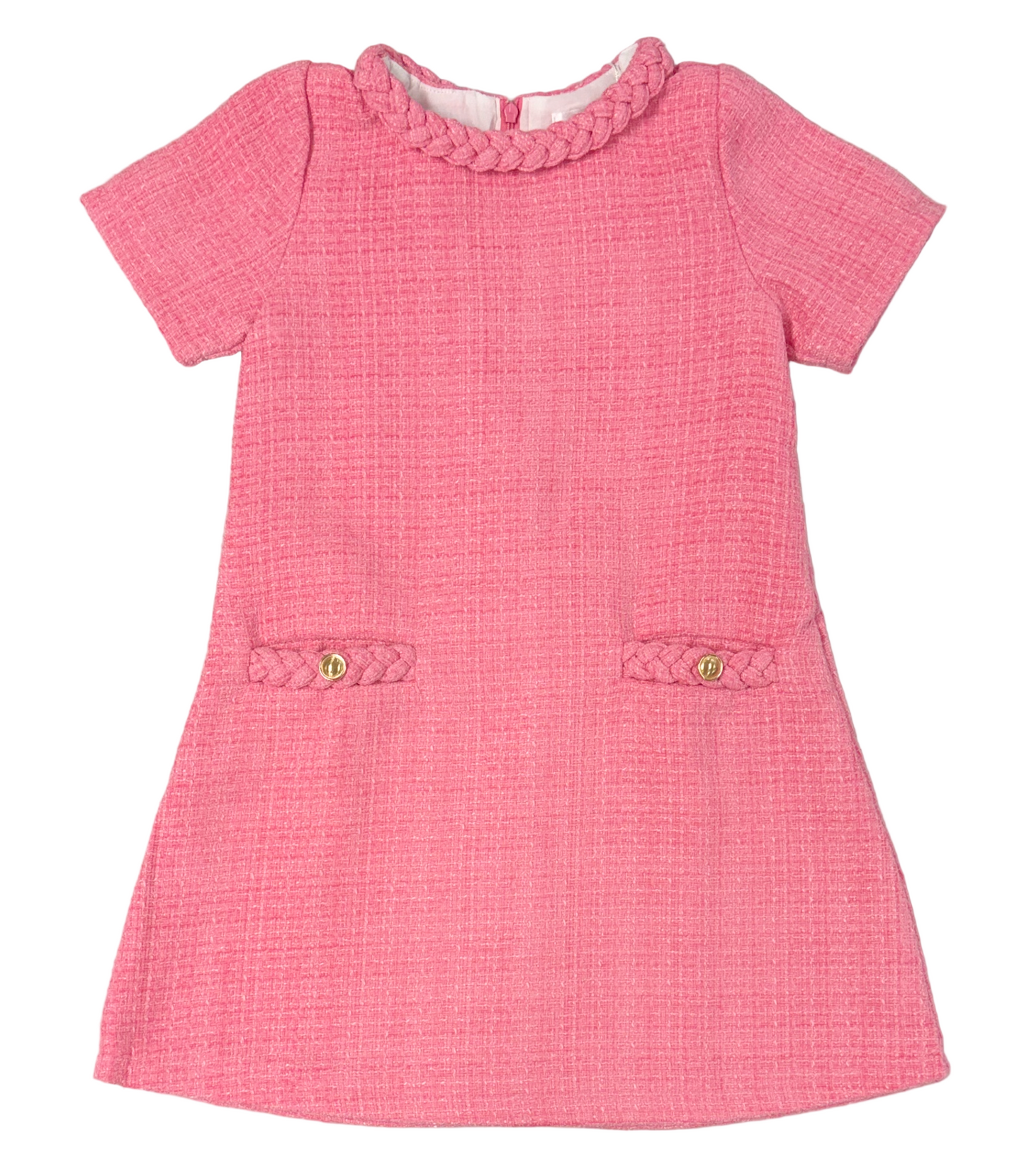 LuLu BeBe Girls Audrey Braided Tweed Dress - Cap Sleeves - Hot Pink by LuLu BeBe