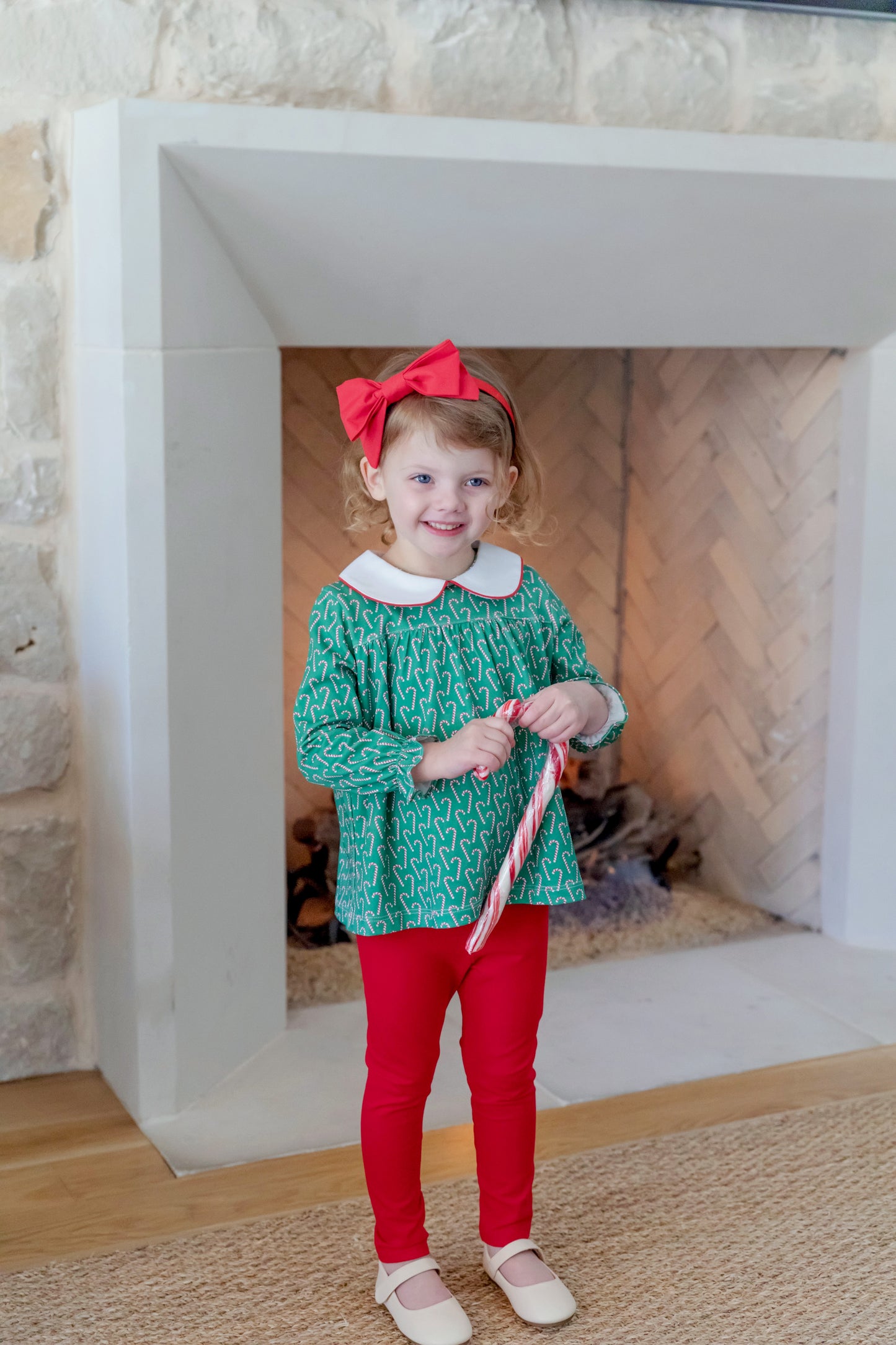Lila & Hayes Girls Morgan Leggings Set - Red Legging with Green Candy Cane Lane Top by Lila & Hayes