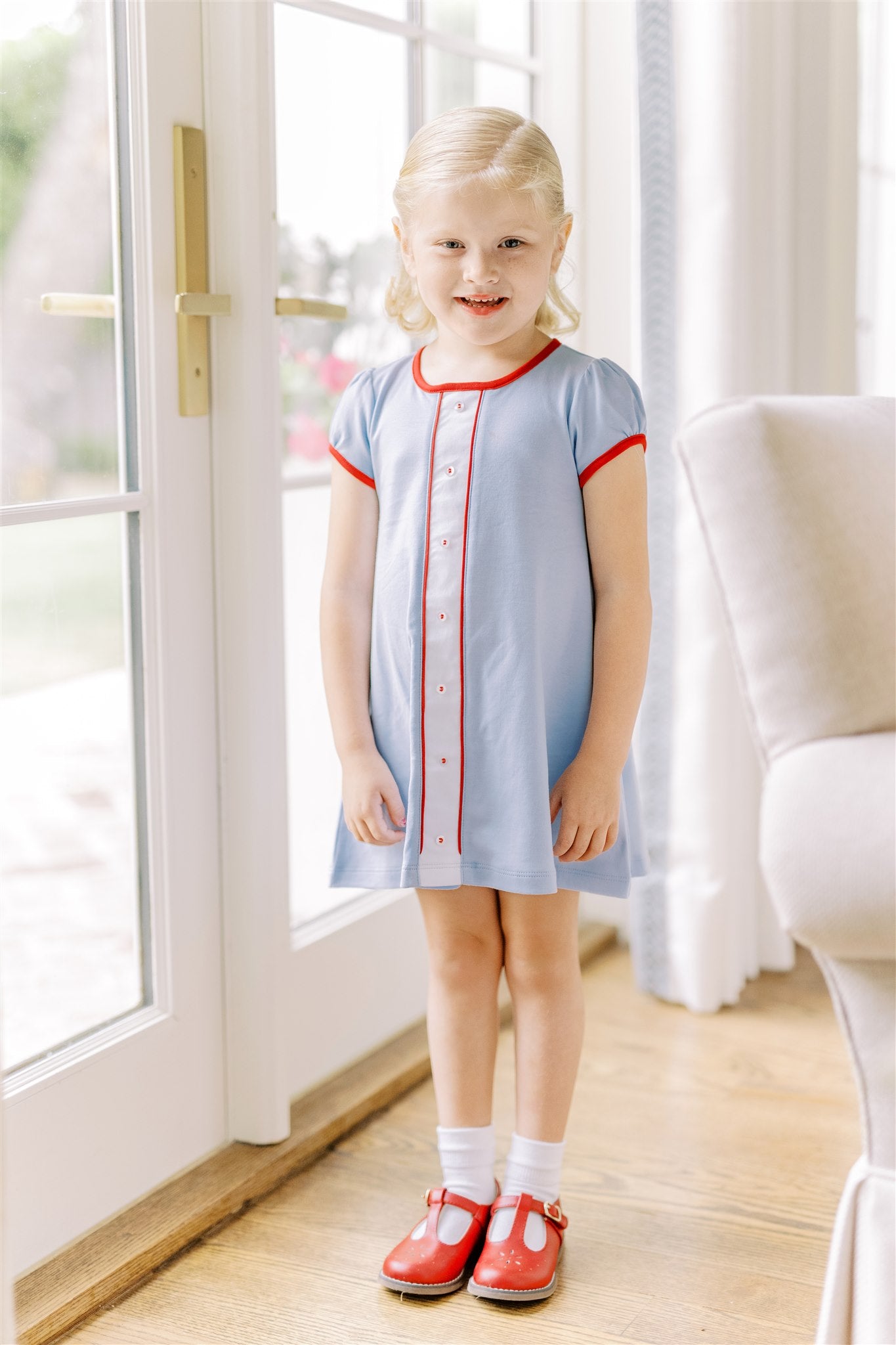 Proper Peony Pima Girls Blue A-Line Dress - Red Trim