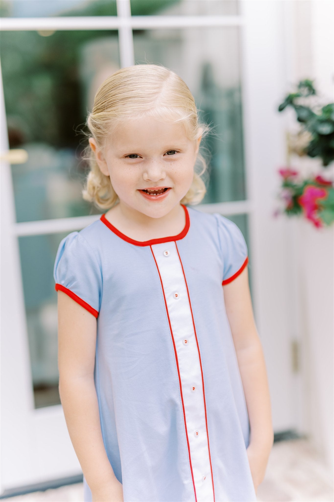 Proper Peony Pima Girls Blue A-Line Dress - Red Trim