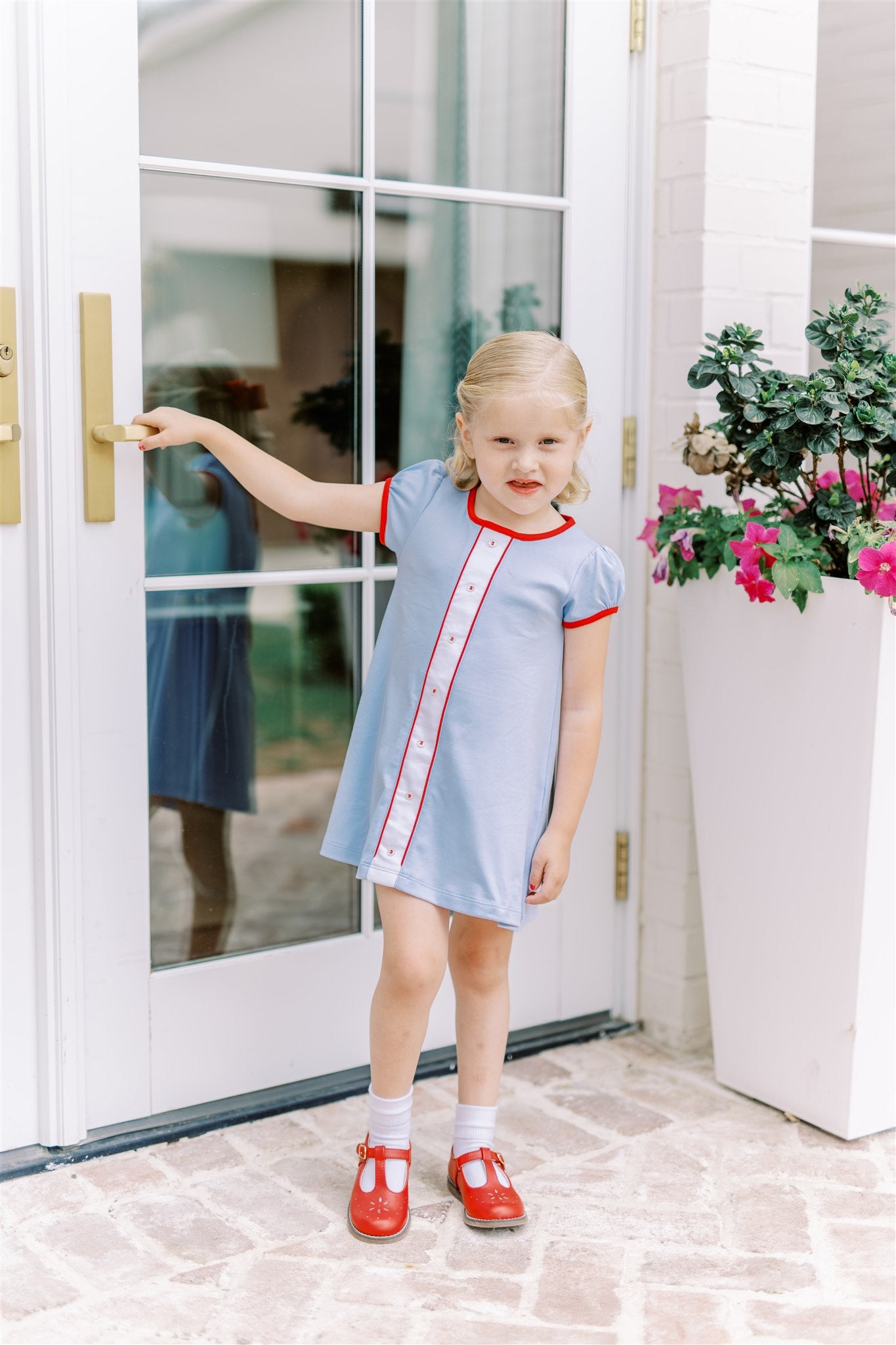 Proper Peony Pima Girls Blue A-Line Dress - Red Trim