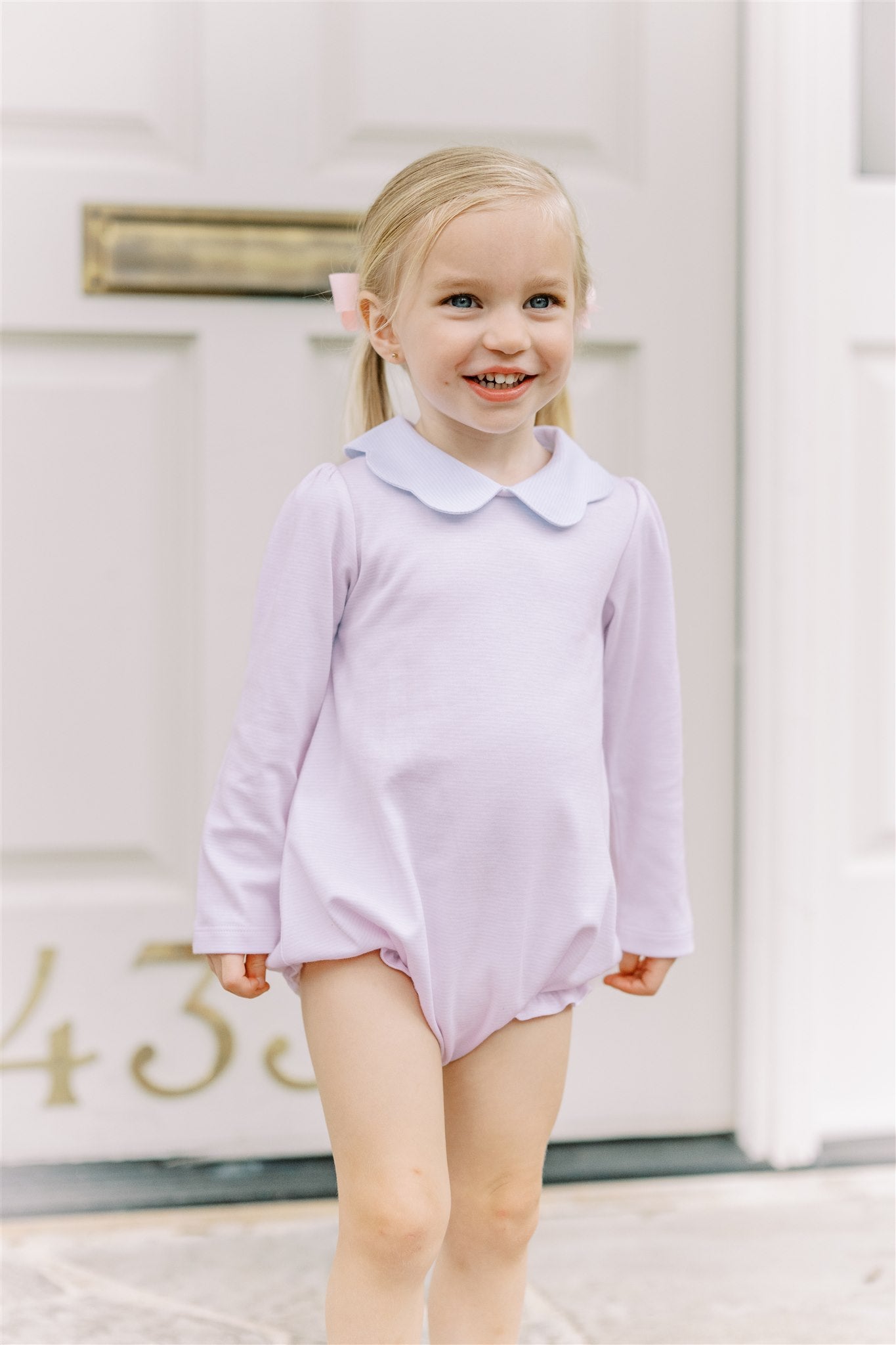 Proper Peony Pima Baby Girls Pink Stripe Bubble - Blue Scallop Collar