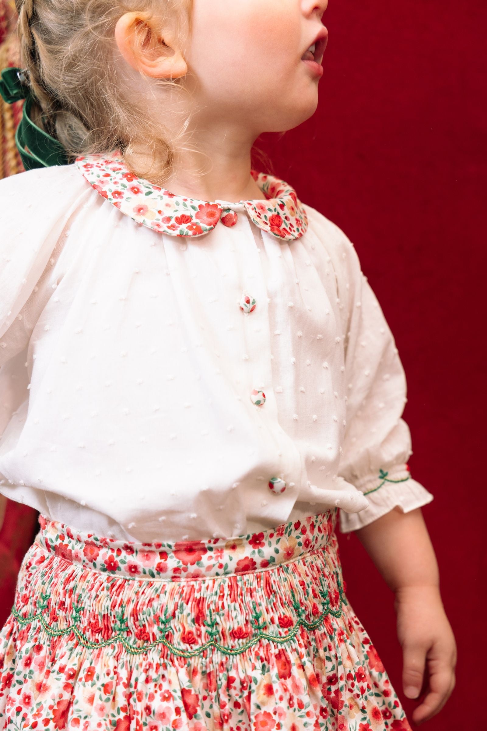 Antoinette Paris Girls Marie Red Floral Smocked Skirt with Blouse