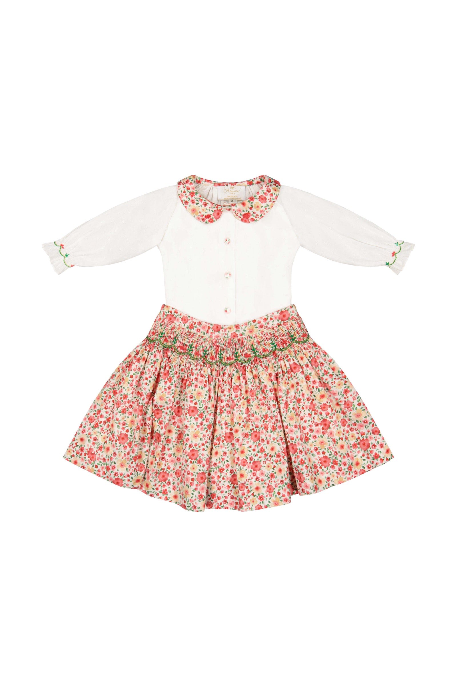 Antoinette Paris Girls Marie Red Floral Smocked Skirt with Blouse