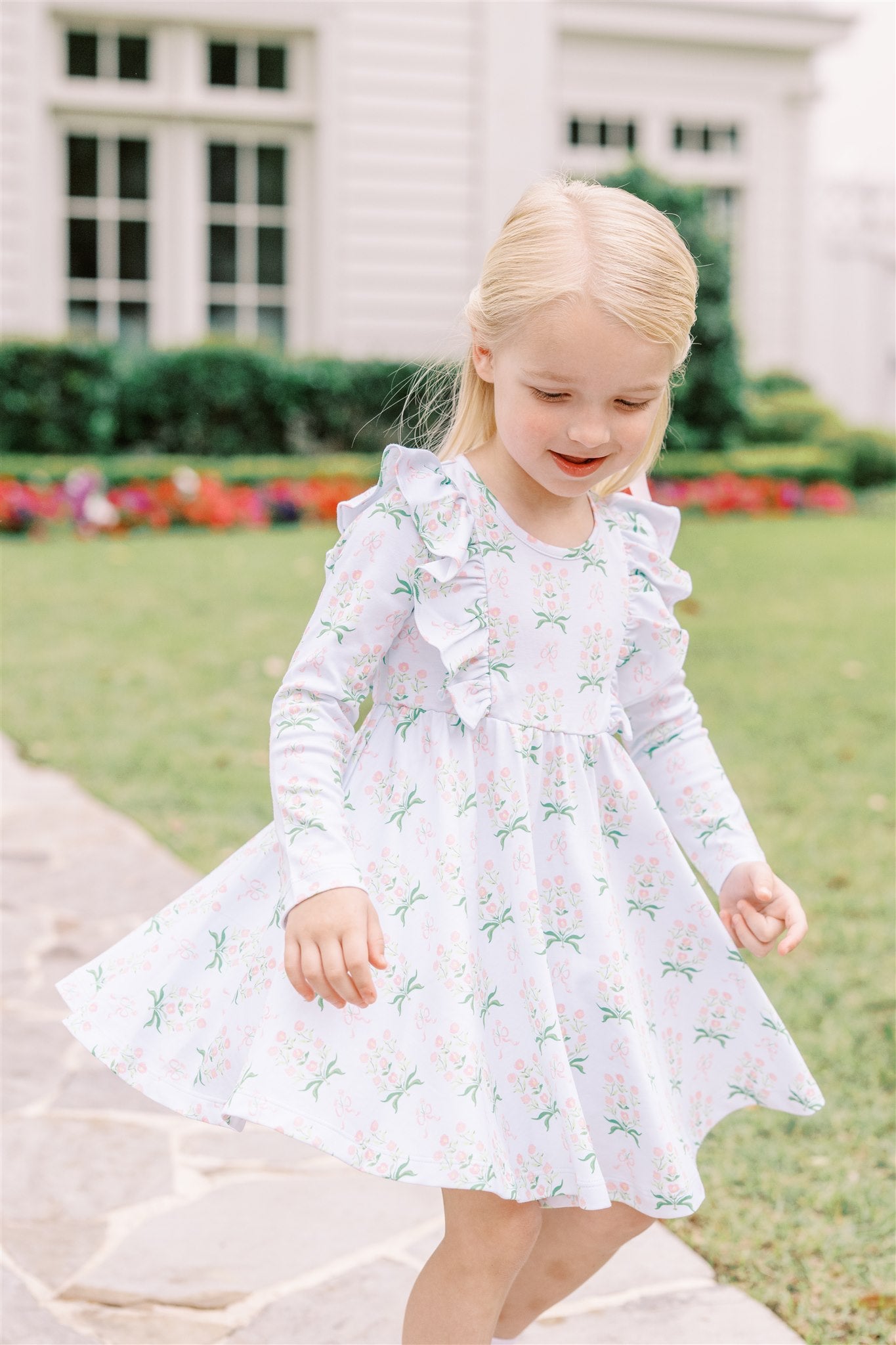Pre-Order: Proper Peony Pima Girls Blue Floral Margot Twirl Dress