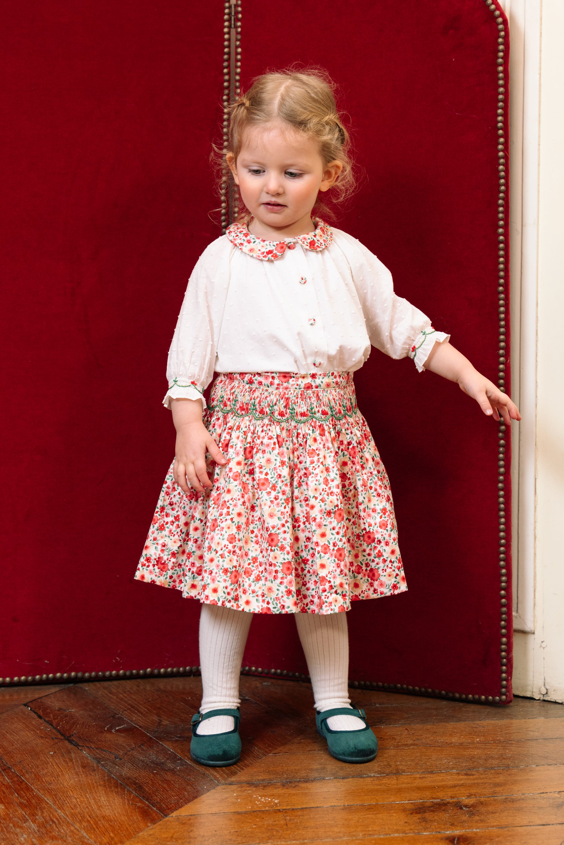 Antoinette Paris Girls Marie Red Floral Smocked Skirt with Blouse