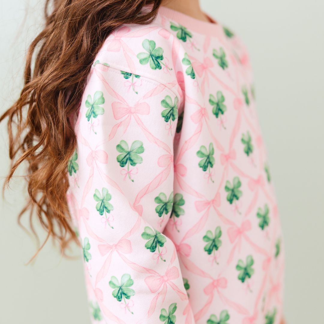 Sweet Wink Girls Pink Bows & Green Shamrocks Coquette Clover Sweatshirt by Sweet Wink