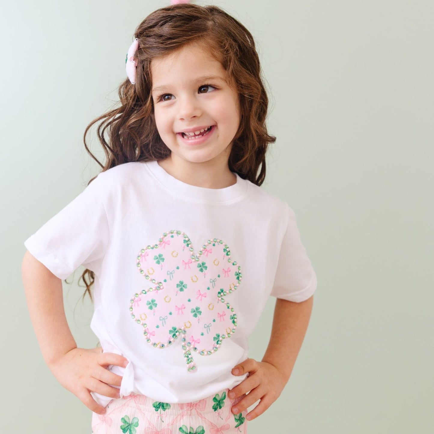Sweet Wink Girls Pink Tee Shirt - Ditsy Floral St. Patrick's Day Shamrock by Sweet Wink
