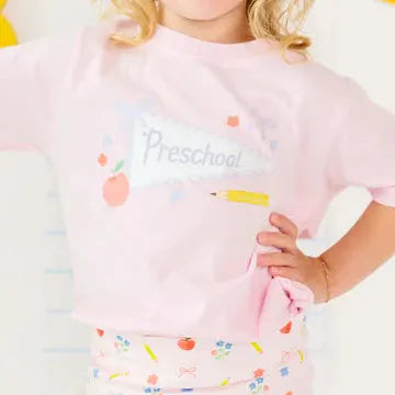 Sweet Wink Girls Pink Back to School Bow Pennant Shirt - Preschool