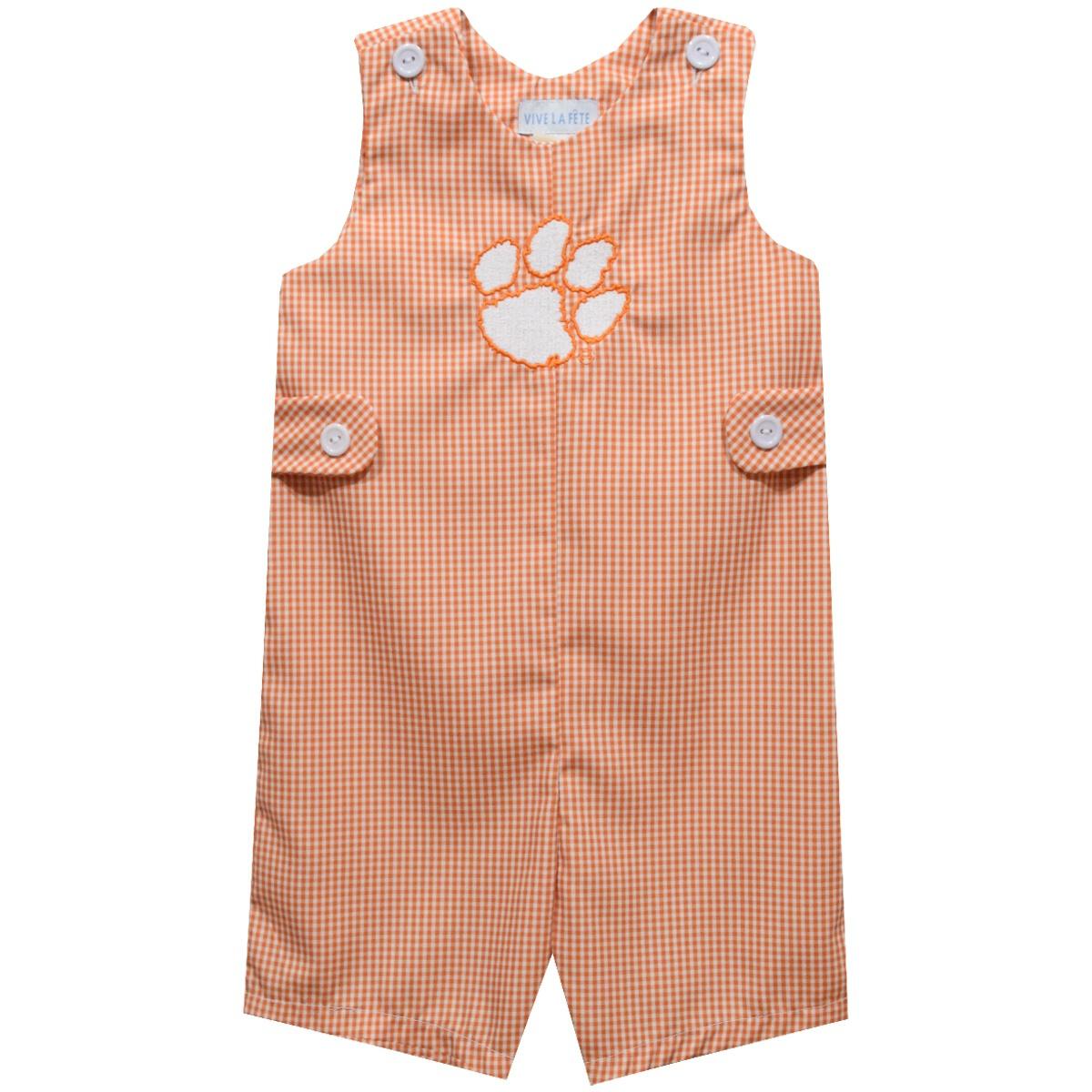 Vive la Fete Boys Embroidered Orange Gingham Jon Jon - Clemson Tiger Paw