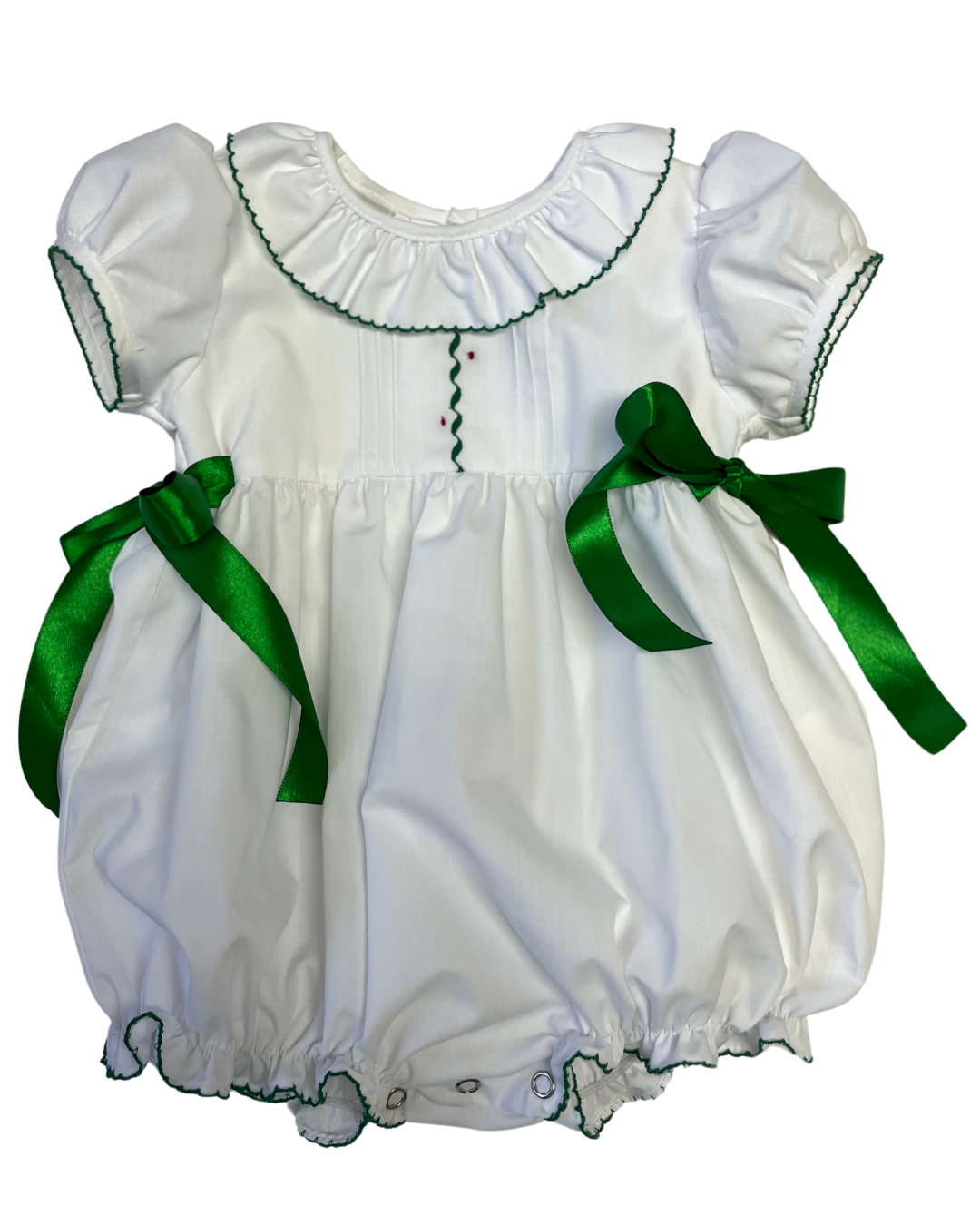 LuLu BeBe Baby Girls White Christmas Bubble - Green Embroidery & Side Bows by LuLu BeBe