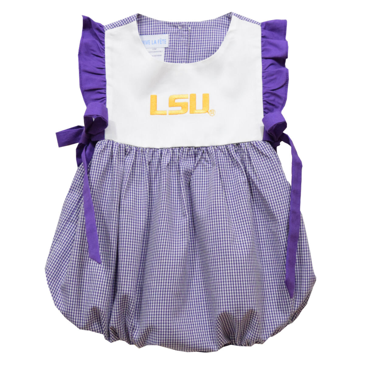Vive la Fete Baby Girls Embroidered Purple Gingham Bubble - LSU by Vive la Fete