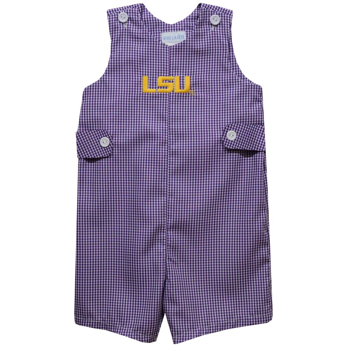 Vive la Fete Boys Embroidered Purple Gingham Boys Jon Jon - LSU