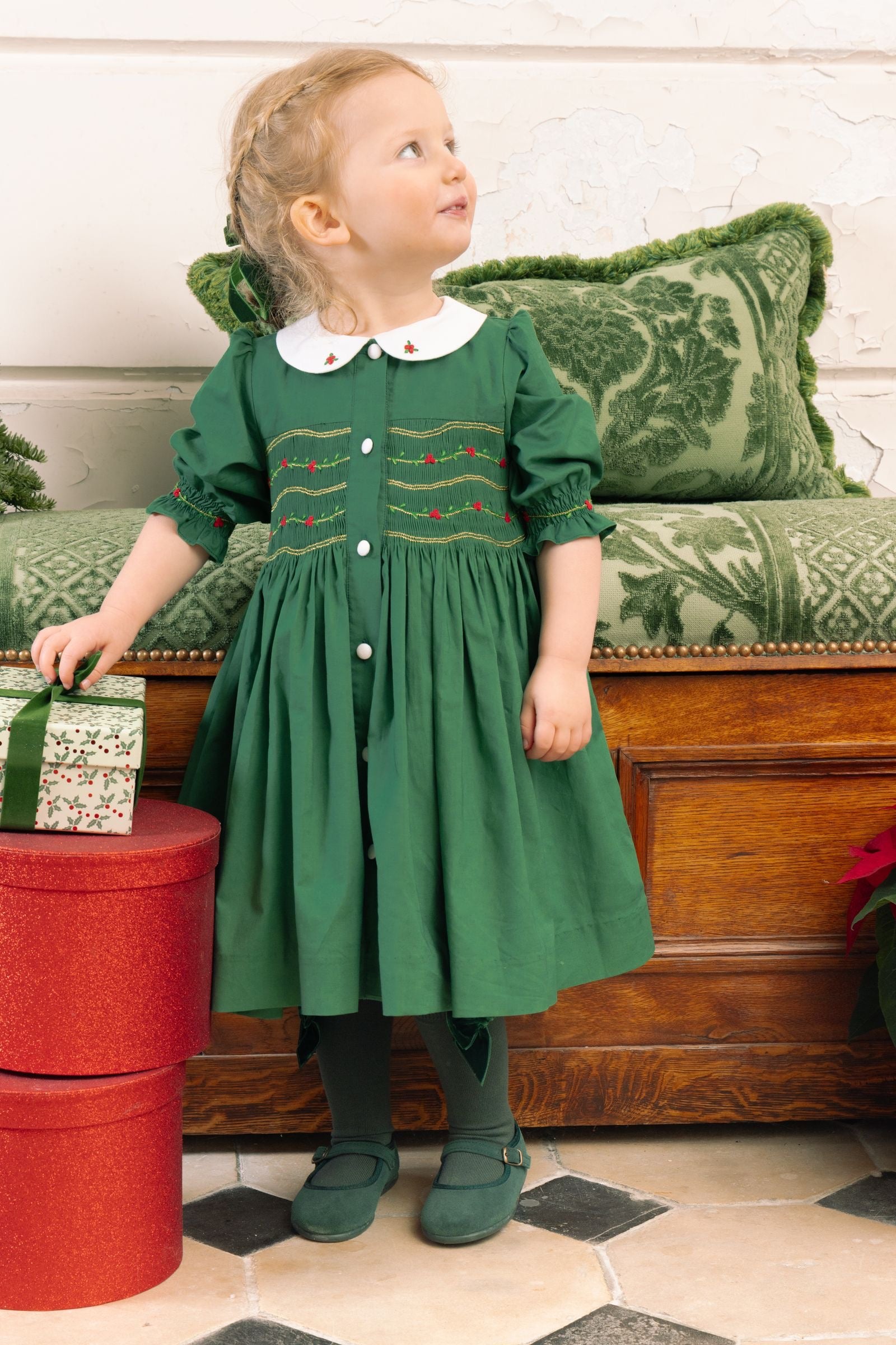 Antoinette Paris Girls Smocked Button Front Dress - White Collar - Green