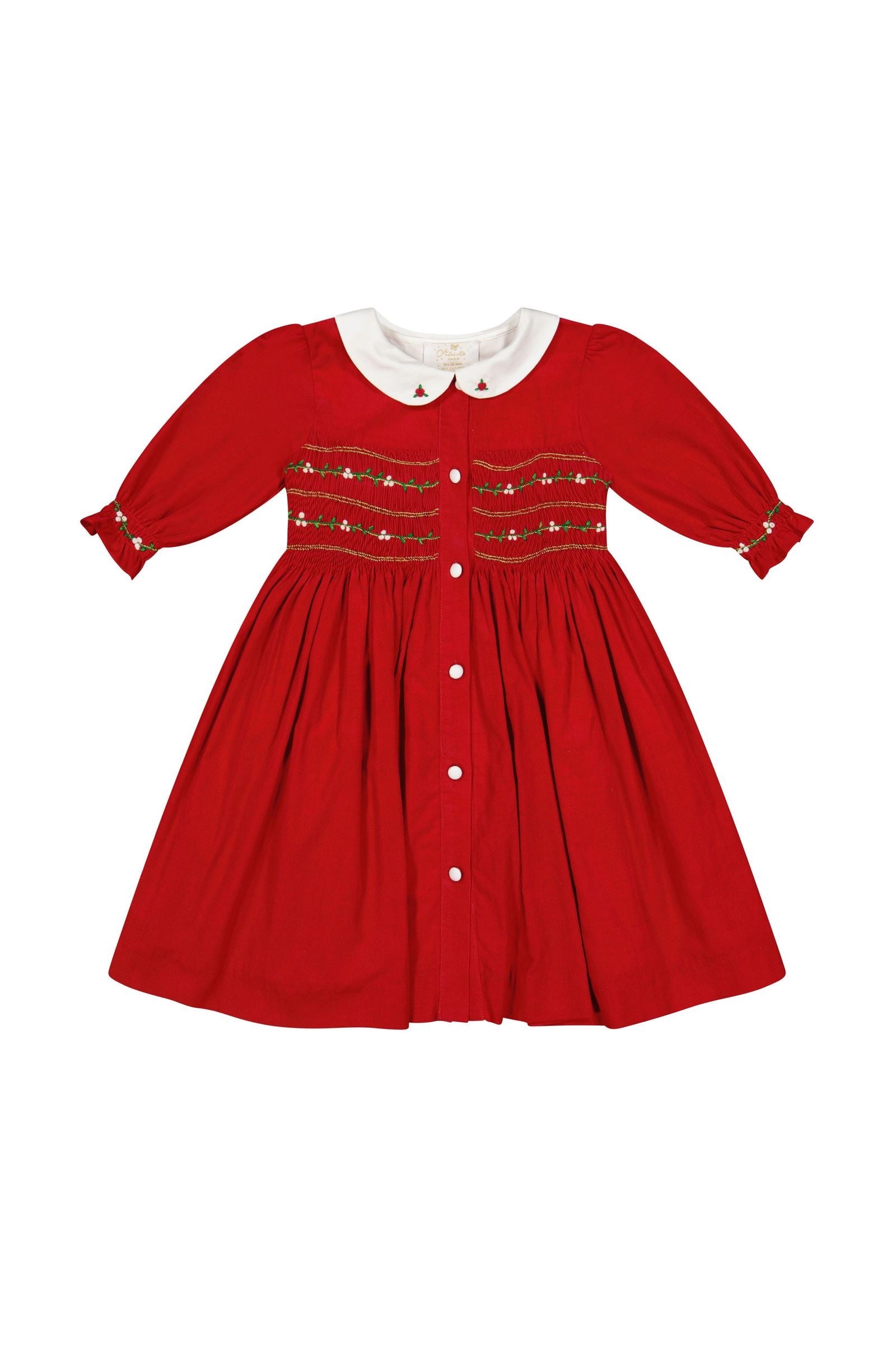 Antoinette Paris Girls Smocked Button Front Olympe Christmas Dress - White Collar - Red