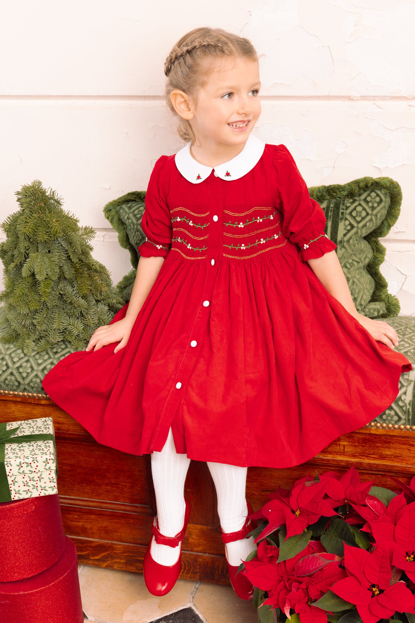 Antoinette Paris Girls Red Smocked Button Front Olympe Christmas Dress - White Collar