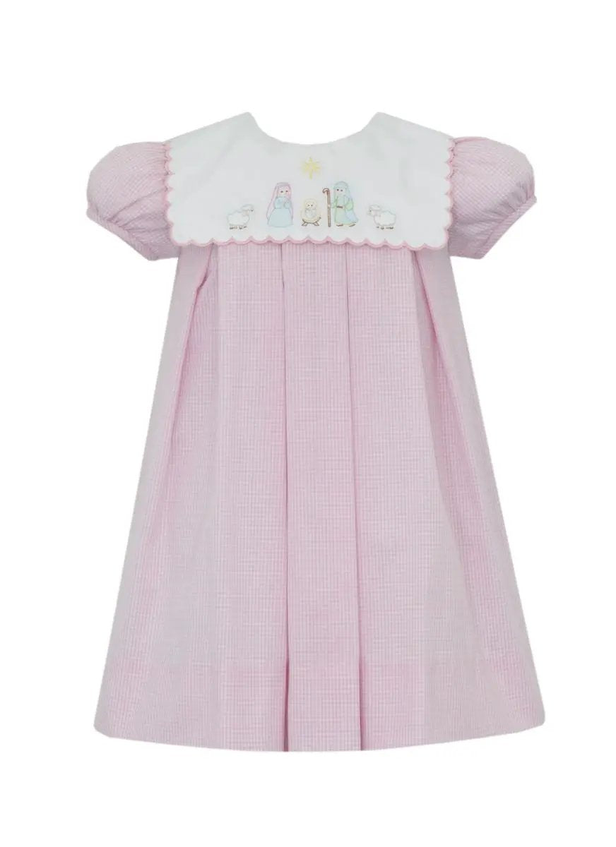 Anavini Girls Pink Gingham Nativity Dress with Square Scalloped Collar by Anavini