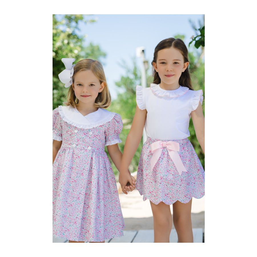 Sal & Pimenta Girls Scallop Skirt with Bow - Pink Ditsy Floral