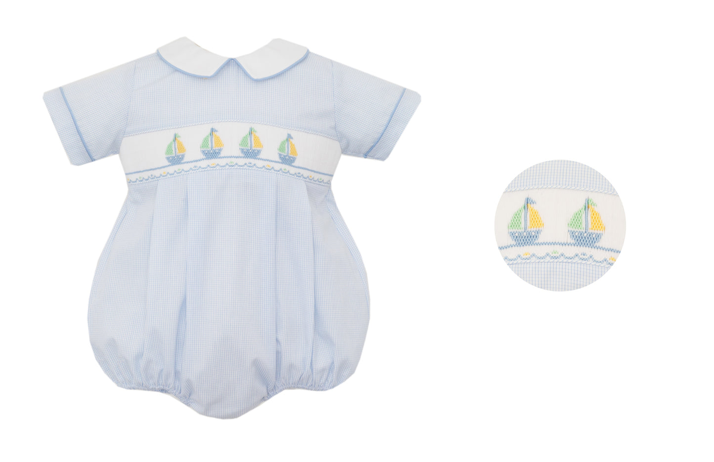 Petit Bebe Baby Boys Light Blue Check Bubble - Smocked Sailboats