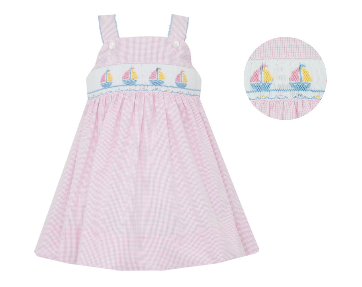 Petit Bebe Girls Pink Check Sun Dress - Smocked Sailboats by Petit Bebe
