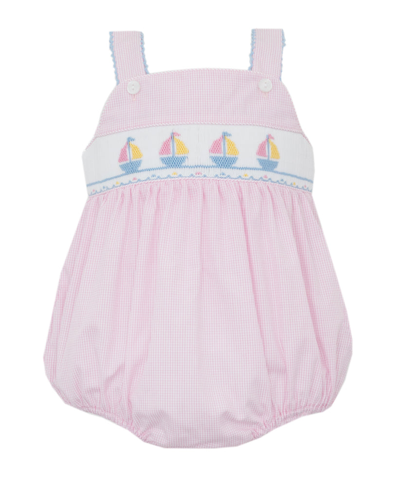 Petit Bebe Baby Girls Pink Check Bubble - Smocked Sailboats by Petit Bebe