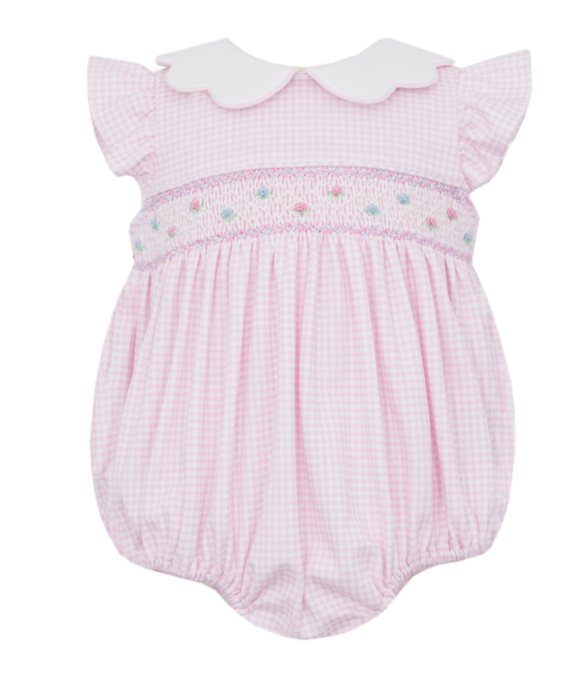 Petit Bebe Knits Baby Girls Pink Gingham Smocked Bubble - Scallop Collar