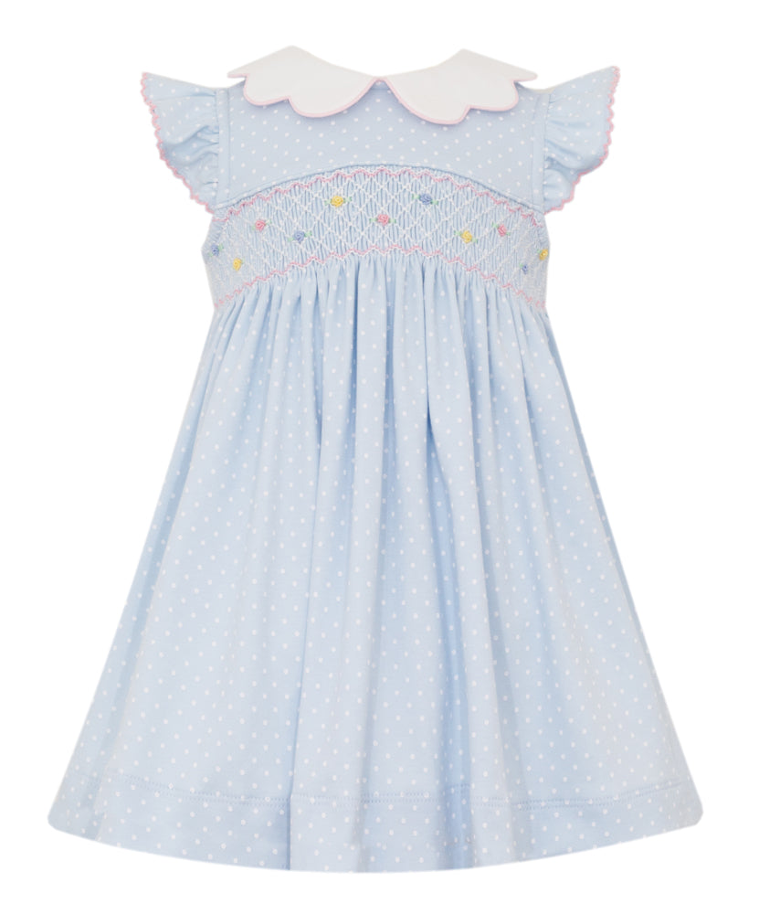 Petit Bebe Knits Toddler Girls Blue Dots Smocked Dress - Scallop Collar 4T Petit Bebe Knits Toddler Girls Blue Dots Smocked Dress - Scallop Collar 4T