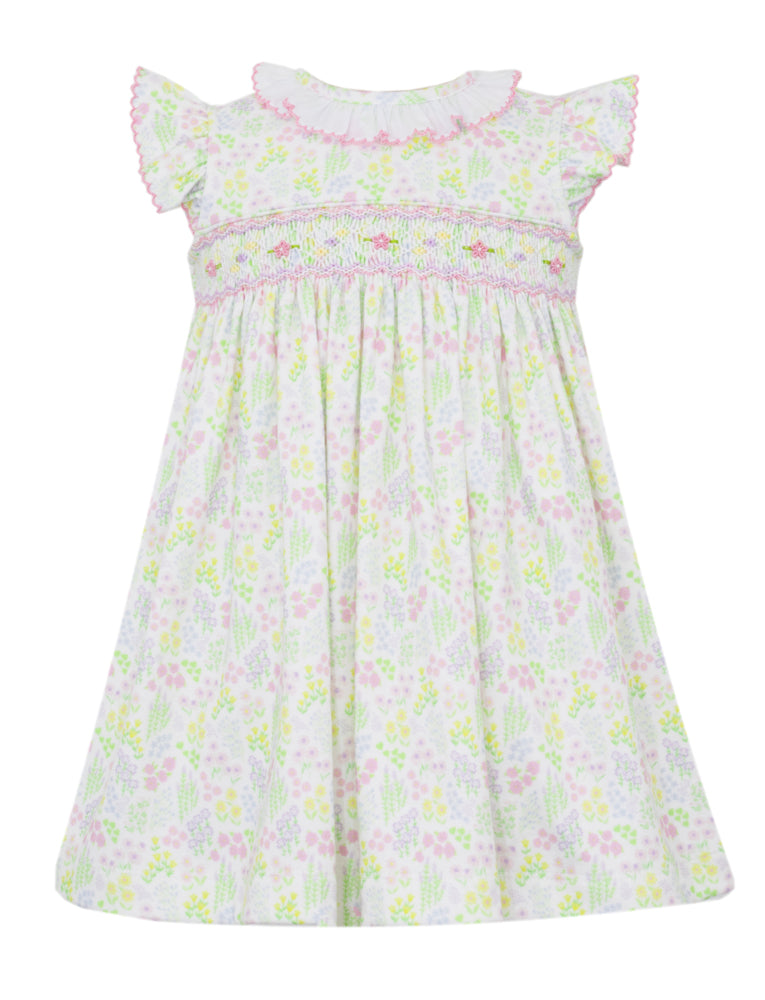 Petit Bebe Knits Girls Garden Floral Smocked Dress - Ruffle Collar