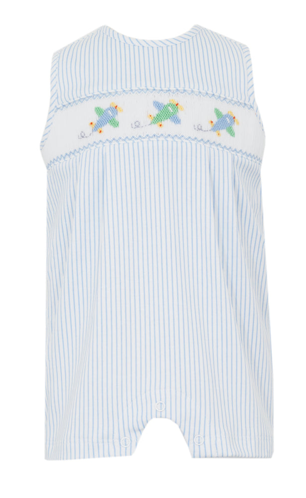 Petit Bebe Knits Boys Blue Stripe Jon Jon - Smocked Airplanes by Petit Bebe