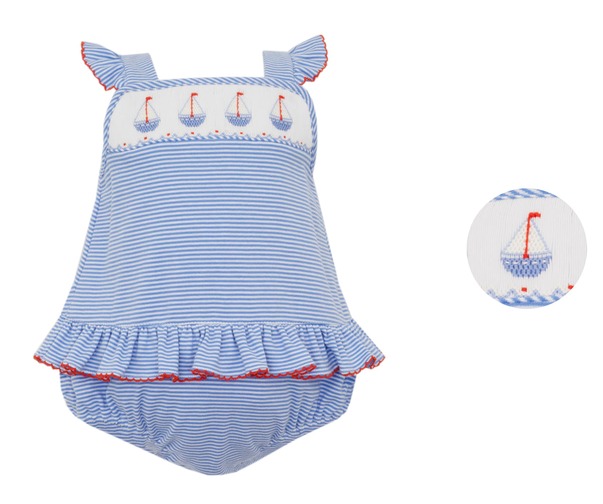 Petit Bebe Knits Baby Girls Blue Striped Skirted Bubble - Smocked Sailboats by Petit Bebe