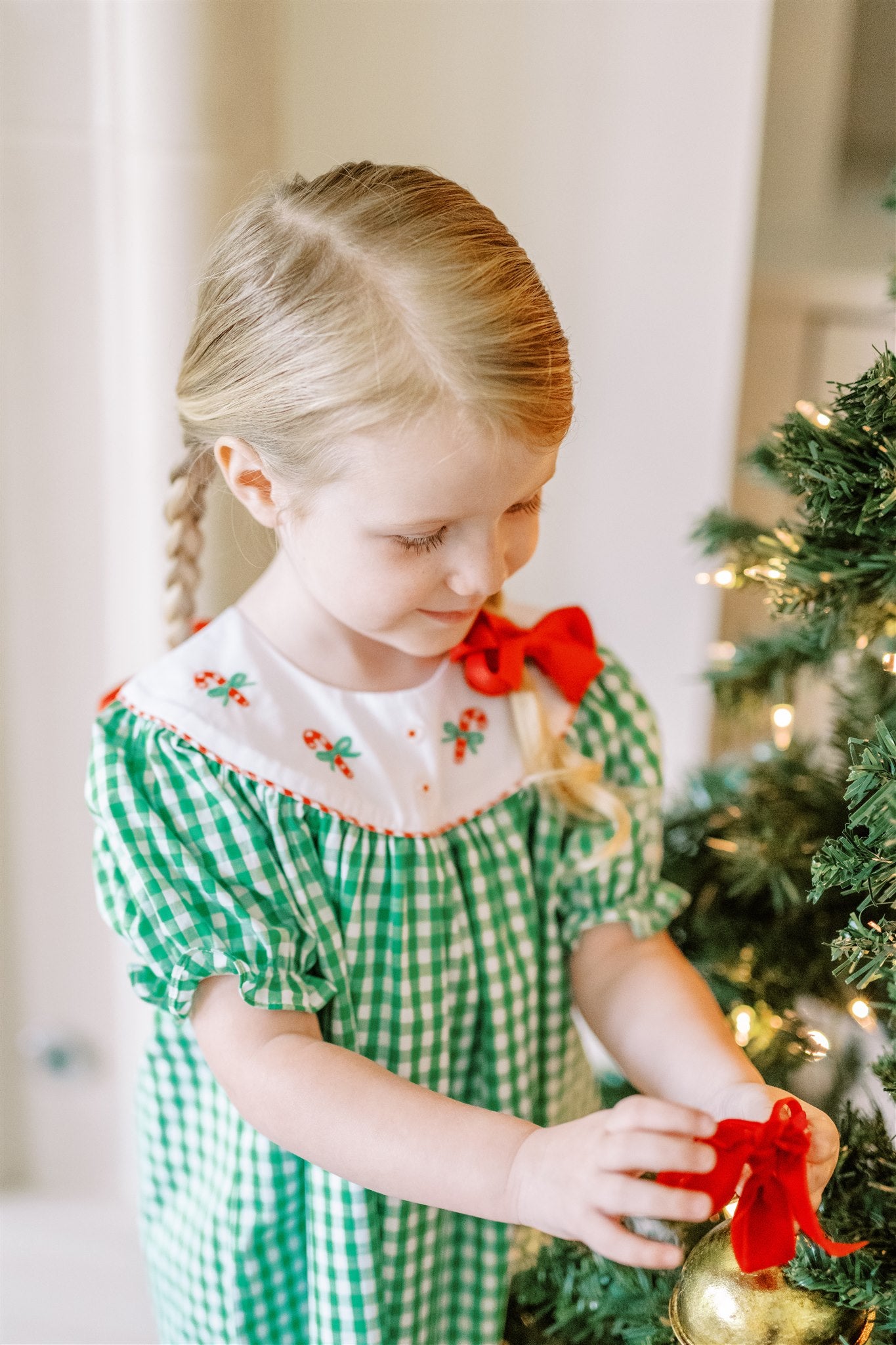 Proper Peony Girls Green Check Embroidered Christmas Peppermint Dress