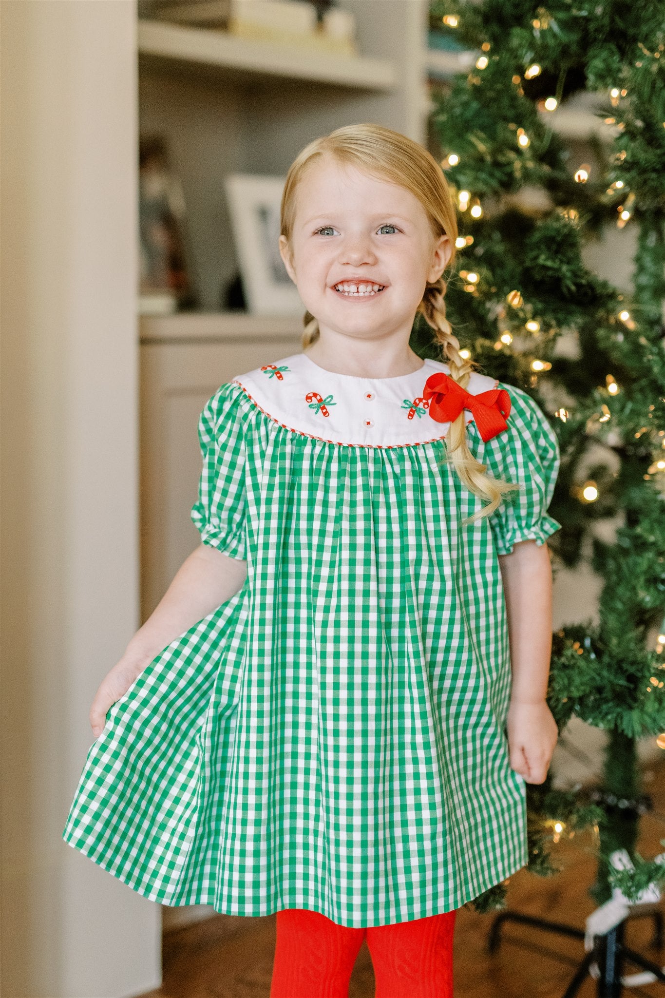 Proper Peony Girls Green Check Embroidered Christmas Peppermint Dress