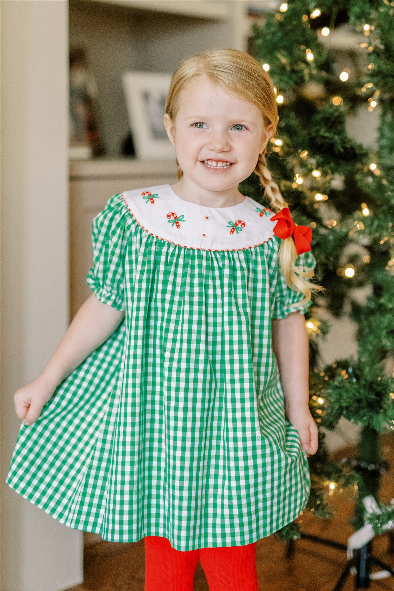 Proper Peony Girls Green Check Embroidered Christmas Peppermint Dress