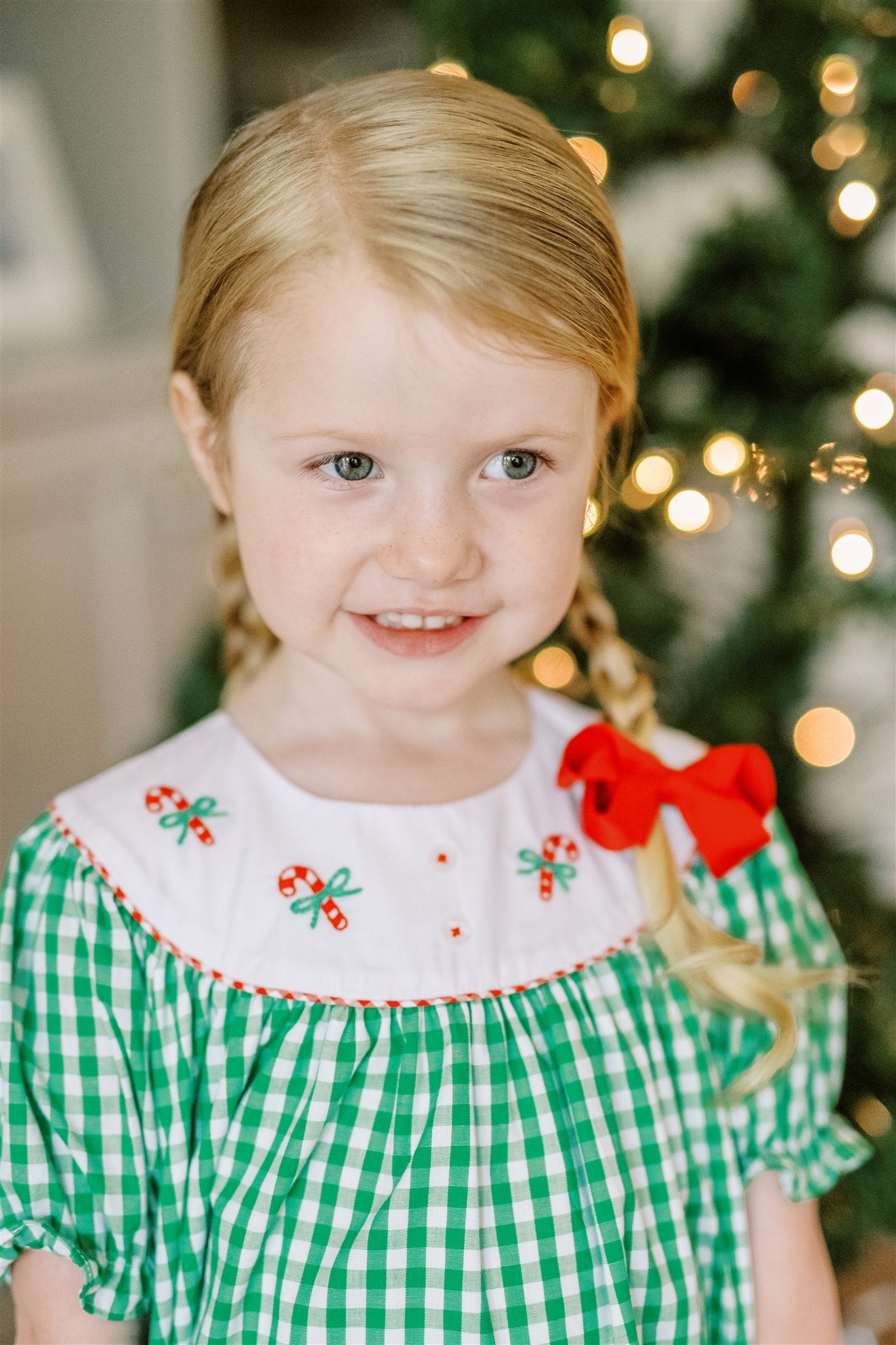 Proper Peony Girls Green Check Embroidered Christmas Peppermint Dress