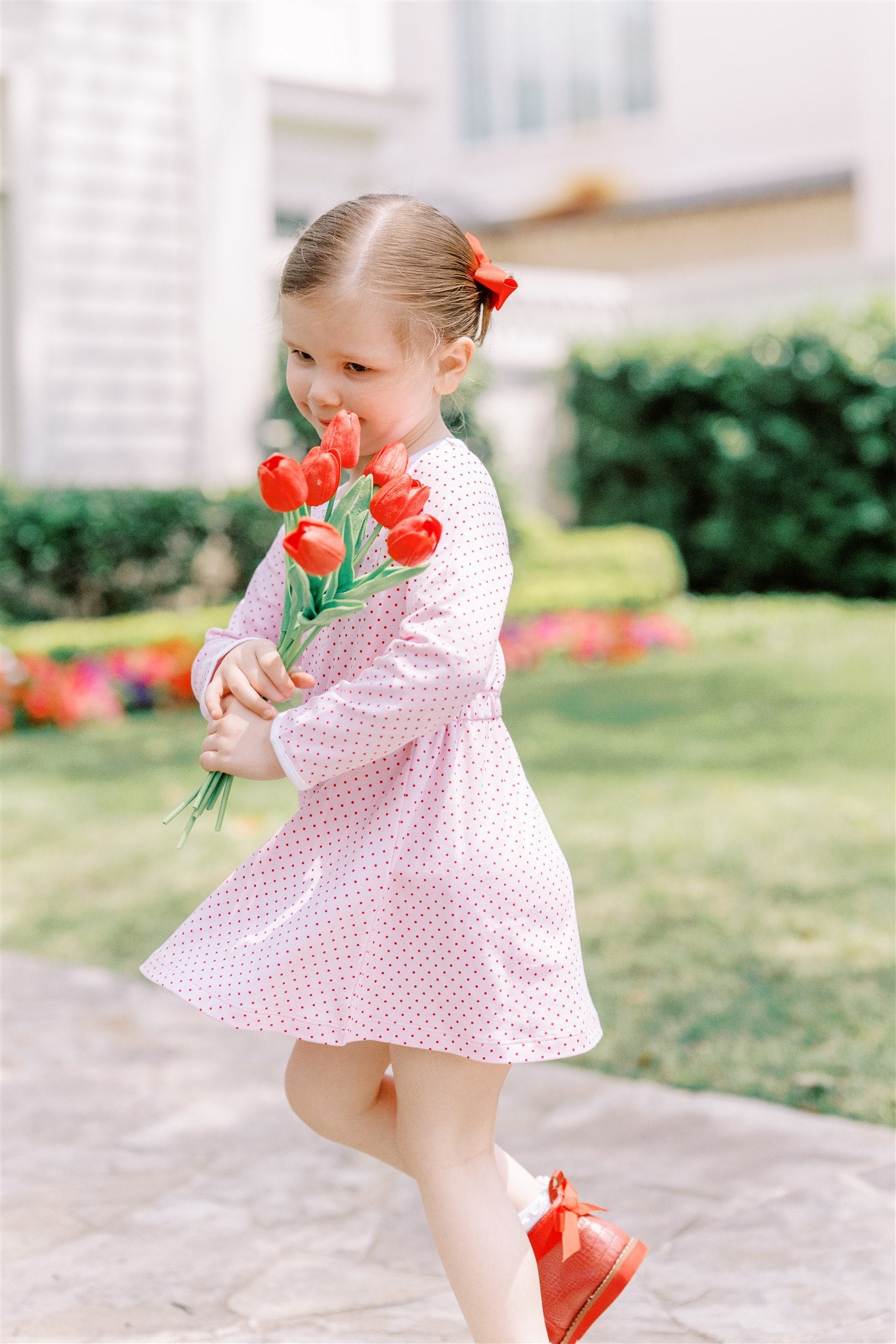 Proper Peony Pima Girls Pink / Red Dots Dress - White Bow