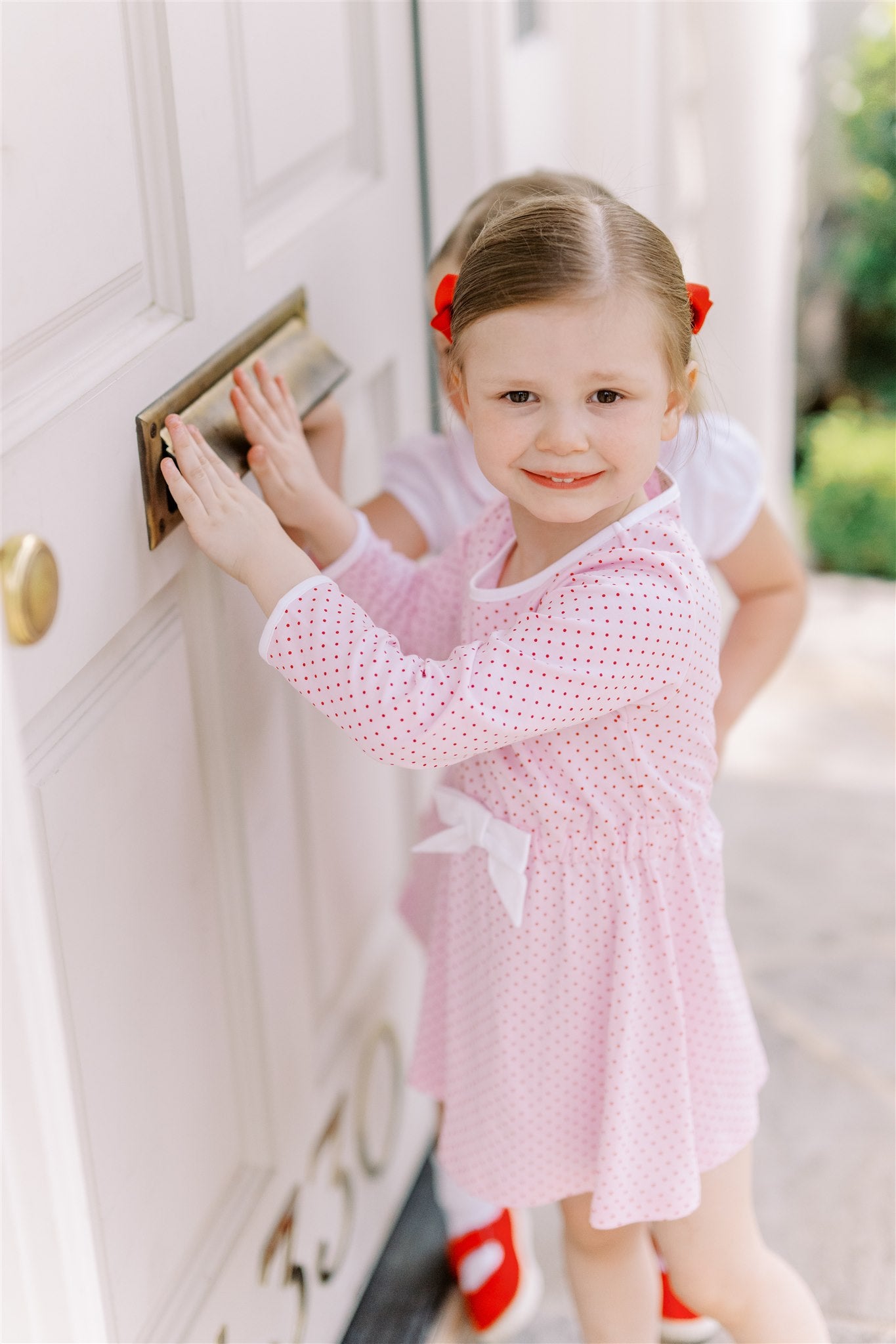 Proper Peony Pima Girls Pink / Red Dots Dress - White Bow