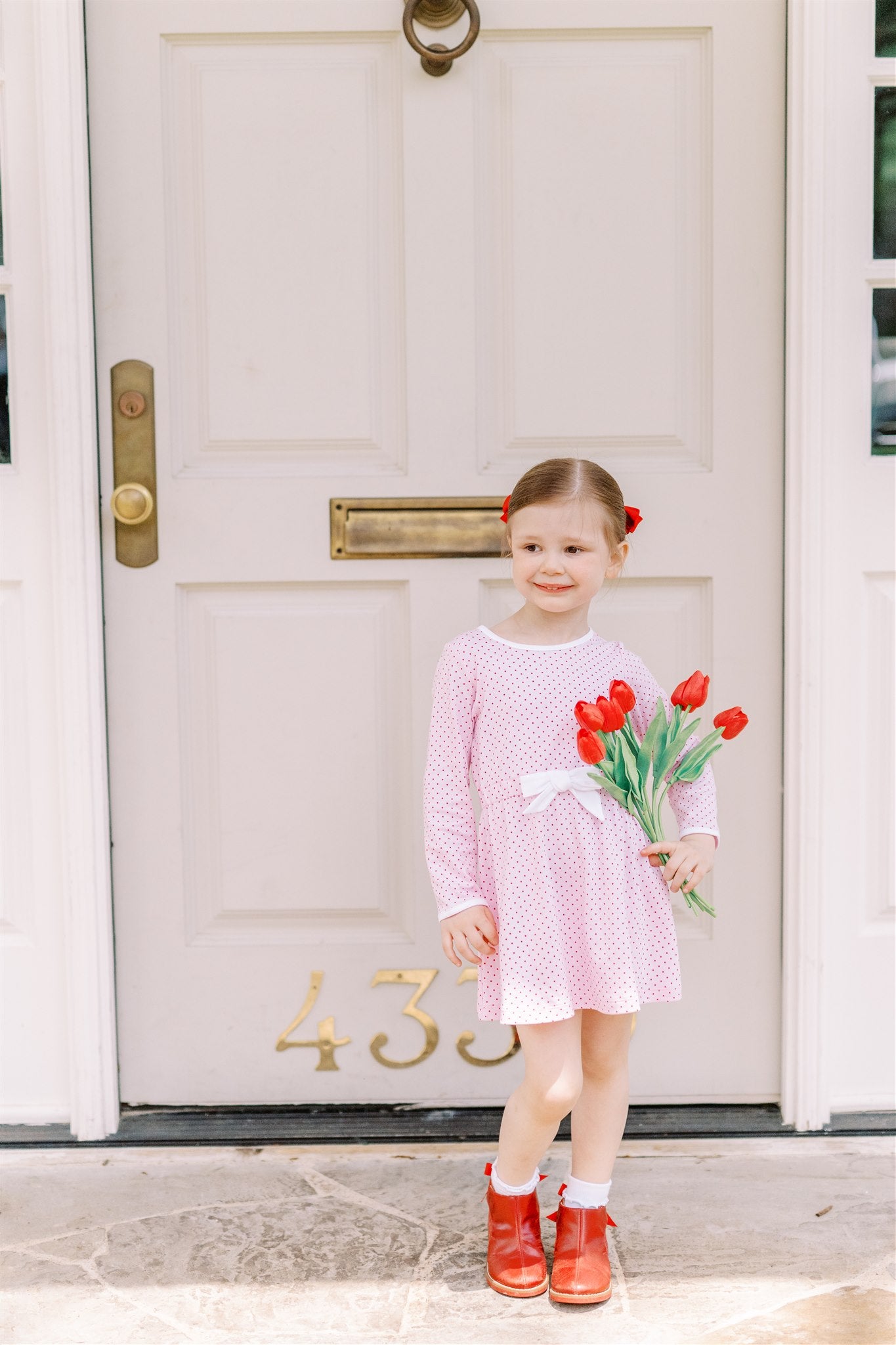 Proper Peony Pima Girls Pink / Red Dots Dress - White Bow