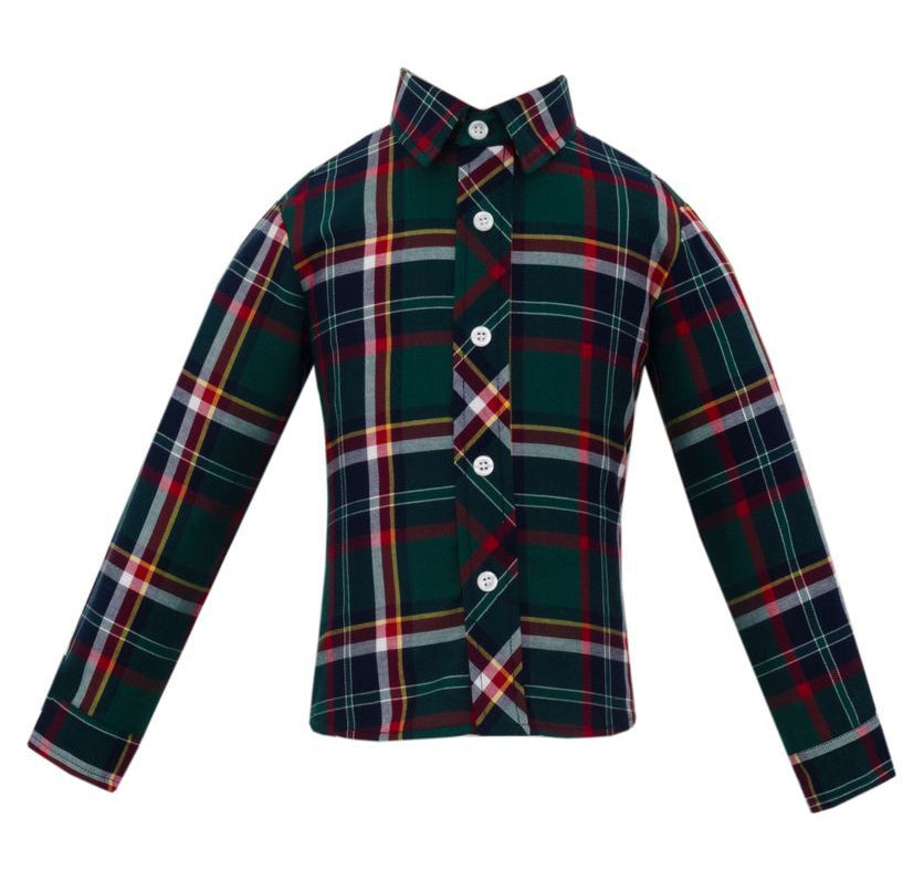 Claire & Charlie Boys Holiday Green & Red Plaid Long Sleeve Button Down Shirt